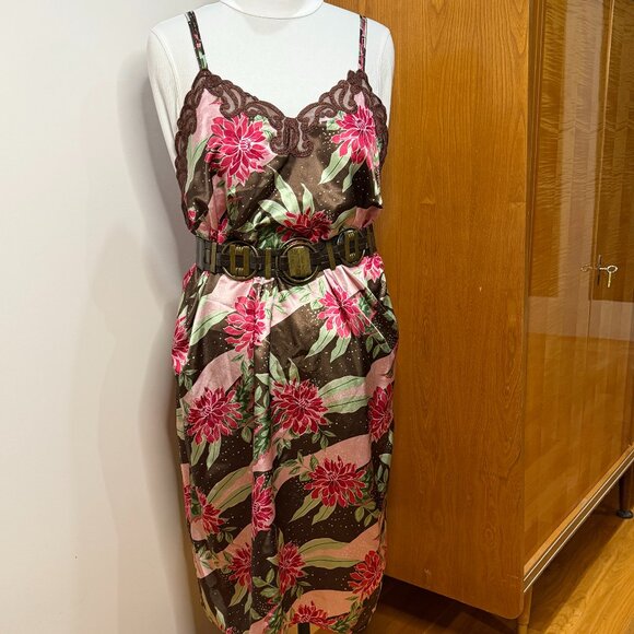 Plus 1X Slip Dress Satin Brown Pink Green Flowers Lace coquette new years bnwot - Picture 6 of 12